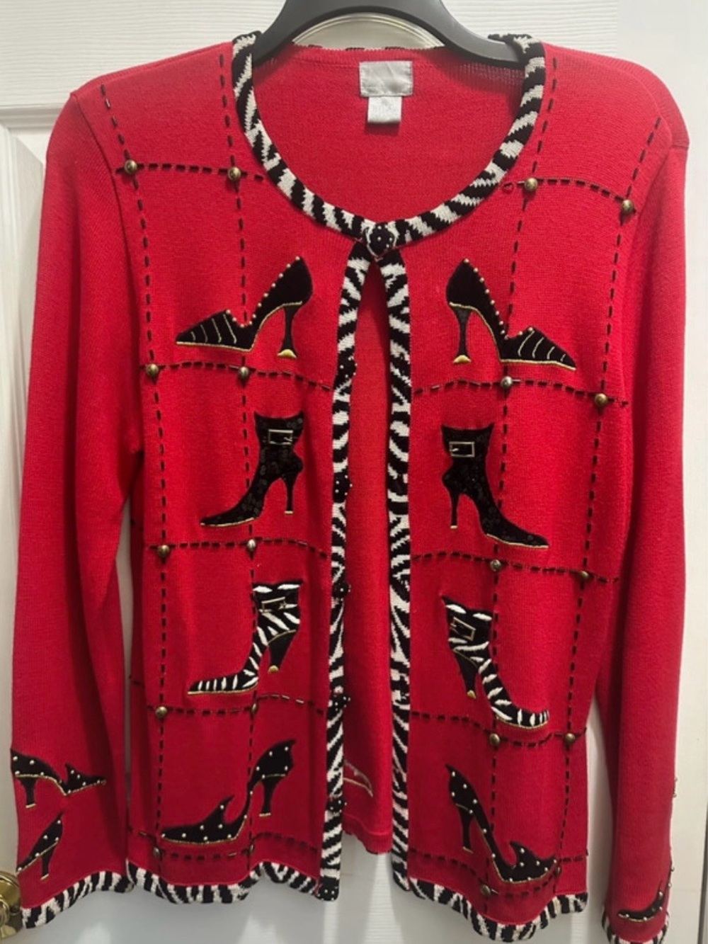Berek Red Cardigan Sweater with Shoe Appliqué and Zebra Trim Sz Lg